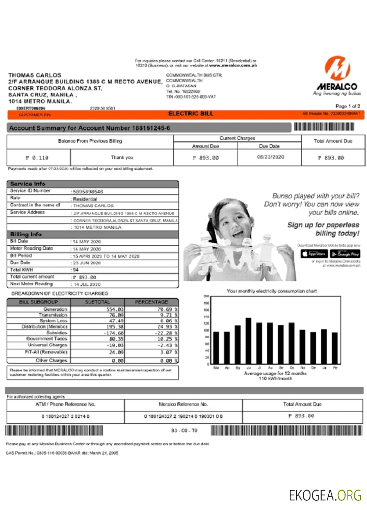 Philippines Meralco electricity utility bill template in word and pdf format template